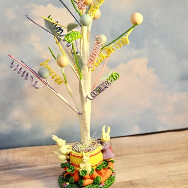 Mini Table Top Easter Spring Time Tree Heavy Resin Base Scene With Easter Bunnies And Carrots Home Decor Easter Decor Pastel Colors GIFT 