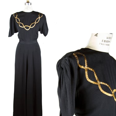 1940s Dress ~ Gold Beaded Black Rayon Evening Dress by Gothé 