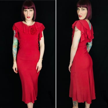 Gorgeous Vintage 1930's Raspberry Red Bias Cut Rayon Crepe Flutter Sleeve Mermaid Hem Dress - size Small - Medium 