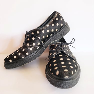 Vintage Shoes Black White Polka Dot Cowhide Lace Up Loafers Oxfords Adieu Paris 38 Novelty Whimsical Playful 