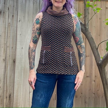 Vintage 1970’s Colorful Sleeveless Sweater with Loose Turtleneck 