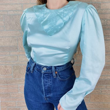 70's Silky Light Mint Green Embroidered Collar Blouse 