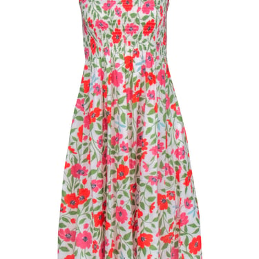 Kate Spade - White w/ Pink & Orange Floral Print Smocked Dress Sz S