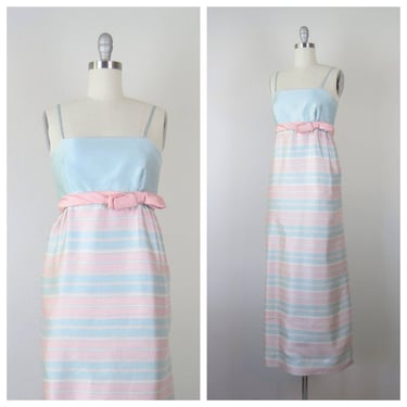 Vintage 1960s silk formal maxi dress, gown, pastel, summer, stripe, empire waist 