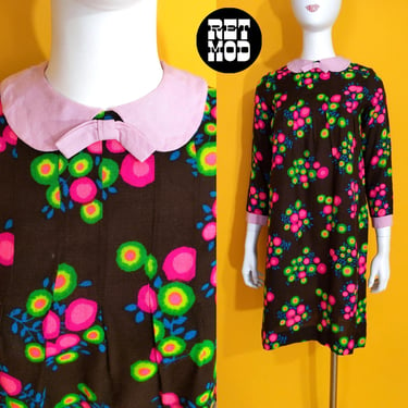 Adorable Vintage 60s 70s Brown Mod Shift Dress with Neon Pink & Green Flower Print and Peter Pan Collar 