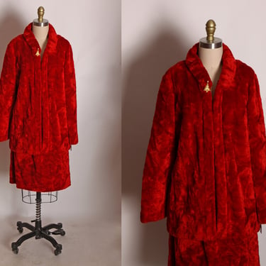 1960s Deep Red Chubby Faux Fur Long Sleeve Blazer Jacket with Matching Skirt Two Piece Womens Suit Christmas Outfit -M 