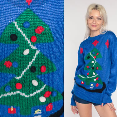 80s Christmas Tree Sweater Xmas Royal Blue Pom Pom 90s Vintage Christmas Party Slouchy Ski Pullover 1980s Knit Nerd Small 