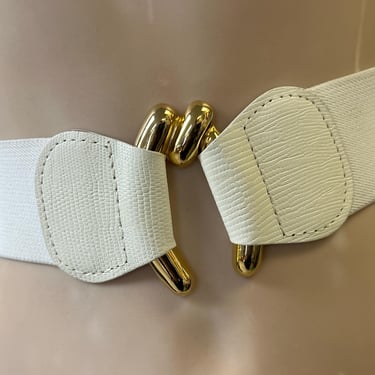 1980s white elastic stretch belt gold hook buckle waspie medium large 