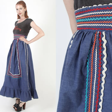 High Waisted Denise Are here Chambray Skirt, Vintage 70s Prairie RicRac Trim, Long Country Tiered Ruffle Hippie Outfit 