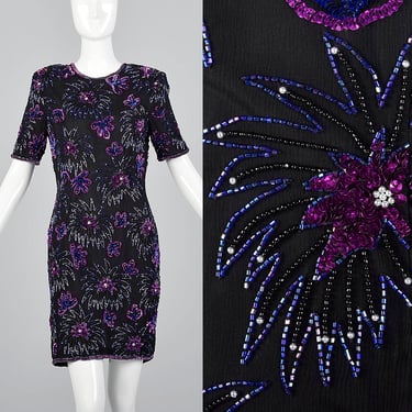 Medium Back V Neck Beaded Dress Deadstock Vintage 1990s 90s Sequined Black Purple Short Cocktail Dress Party 