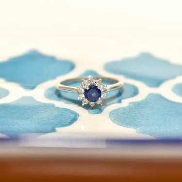 1970's Platinum Sapphire Diamond Halo Engagement Ring, Minimalist Gemstone Ring, Size 5 1/4 US 