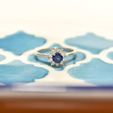 1970's Platinum Sapphire Diamond Halo Engagement Ring, Minimalist Gemstone Ring, Size 5 1/4 US 