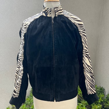 Vintage Kippys bomber jacket black suede leather zebra print fur rhinestones accents XS 