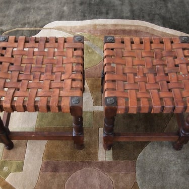 2 Available: Vintage WOVEN LEATHER STOOL 15