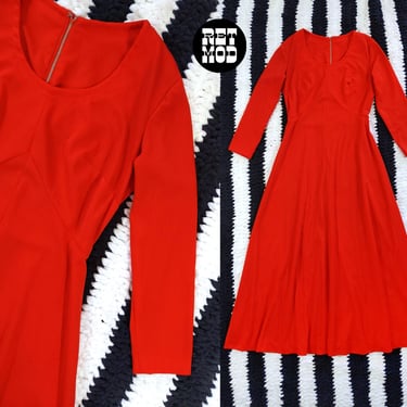 Sexy Vintage 60s 70s Red Long Sleeve Maxi Dress 
