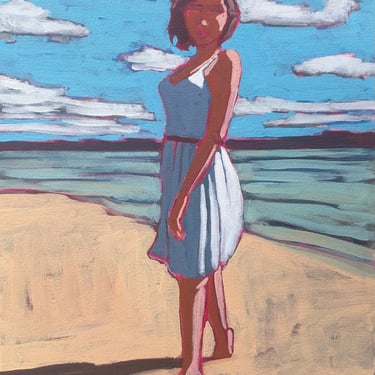 Woman on Beach #11 - Original Acrylic Painting on Canvas 12 x 16, waves, dress, ocean, sea, bathing, michael van, gallery wall, figurative 