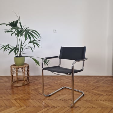 Vintage Bauhaus Office Black Leather Chair / Mid Century Modern Mart Stam Cantilever Chair / Dining Chair / Stol Kamnik / Yugoslavia / 1980s 