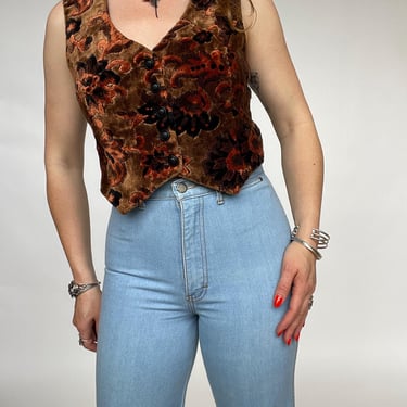 1970s Vest Top Velvet Floral Tapestry Cropped S 