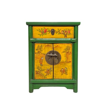 Oriental Distressed Green Yellow Kids Graphic End Table Nightstand cs7408E 