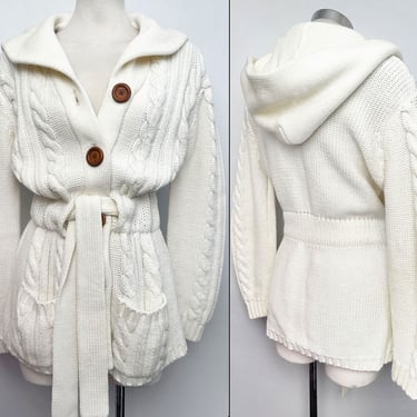 Ivory Belted Chunky Sweater Jacket Coat Vintage 1960's, 1970's Fisherman's Hippie Boho Mod Irish style Knit Woven Hood Hoodie 