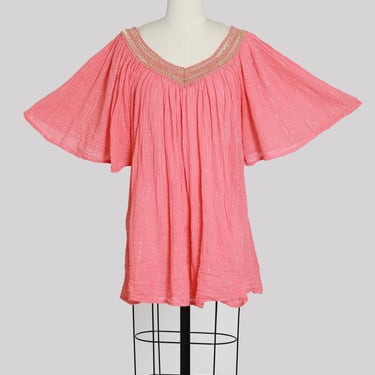 Grecian crochet gauze top | Vintage 70s coral angle wing cotton gauze tunic 