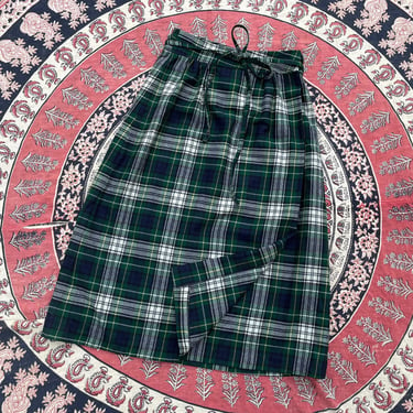 Vintage ‘80s wool plaid tartan wrap skirt | blue &amp; green plaid, mid calf length, ladies M 