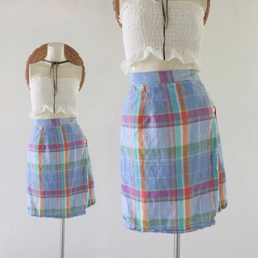 linen wrap shorts - 32-34 - vintage 90s y2k blue plaid womens skort summer colorful cute cottage picnic shorts 