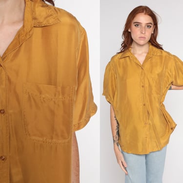 Mustard Silk Shirt 80s Button Up Shirt Retro Plain Simple Short Sleeve Collared Top Pocket Minimalist Basic Vintage 1980s Mens Small S 