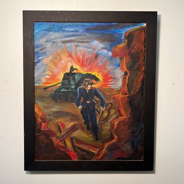 WW2 Painting of Battle Scene and Explosions - Signed by Veteran Artist - 1940s  Regionalist Oil on Canvas - 22 x 18 - Wisconsin Artist 