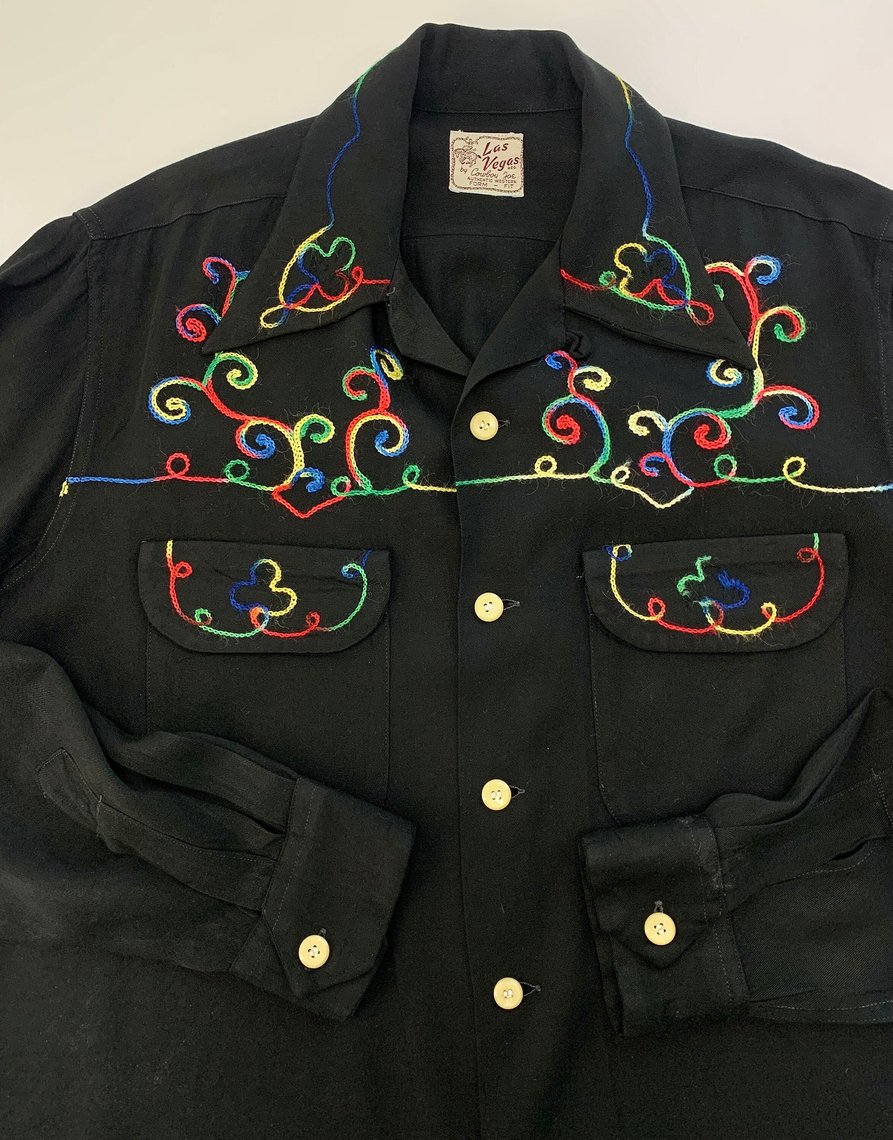 1940'S Western Shirt - Black Rayon Gabardine - LAS VEGAS