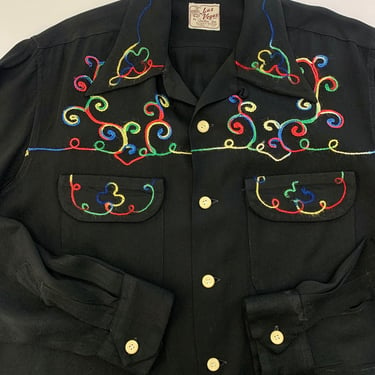 1940'S Western Shirt - Black Rayon Gabardine - LAS VEGAS by Cowboy Joe - Rainbow Embroidery - Flap Patch Pockets - Men's Size Medium 