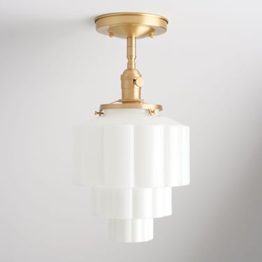 Art Deco - Modern Handblown White Glass Semi Flush Light Fixture -  Ornate glasswork 