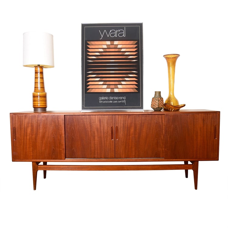 1950&#8217;s Danish Modern Teak Sideboard w: 4 Sliding Doors