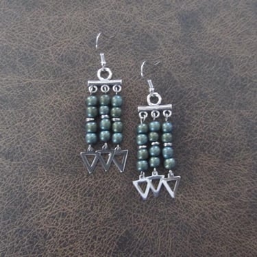 Green hematite and silver ethnic chandelier earrings 