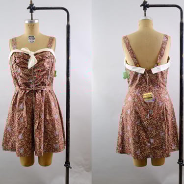 Vintage 50s Cotton Swimdress –  Size 42 - Lane Bryant Bathing Suit – Brown Floral Print - Deadstock with Tags 