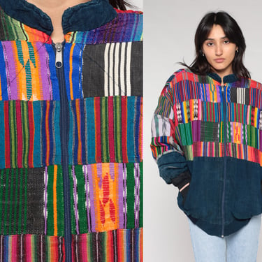 Patchwork Guatemalan Jacket Y2k Blue Denim Bomber Jacket Hippie Rainbow Zip Up Jean Colorful Woven Windbreaker Cotton Vintage 00s Large L 