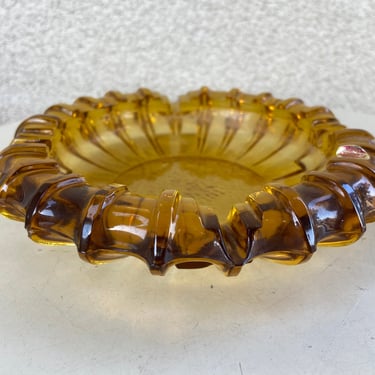 Vintage 7” soft amber glass ashtray scalloped edges Enesco Imports 