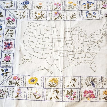 1970s United States Map Embroidered w-State Flowers, Sampler Vintage Textile 