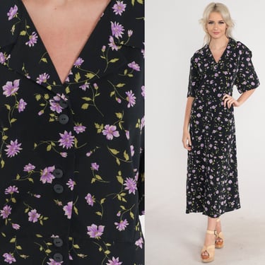 Long Floral Dress 90s Black Button Up Maxi Day Dress Short Sleeve Purple Flower Print Summer Ankle Length Vintage 1990s Extra Large xl 16w 