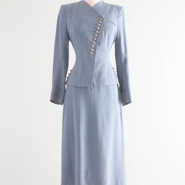 Elegant Late 1940's Light Blue Wool Gabardine Ladies Suit With Pearls / Small