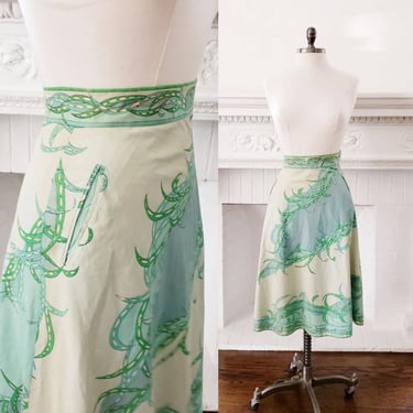 60s 70s Emilio Pucci A Line Skirt Green Cotton Print / 1960s 1970s Italian Designer Summer Midi Skirt / XS /Nicola 