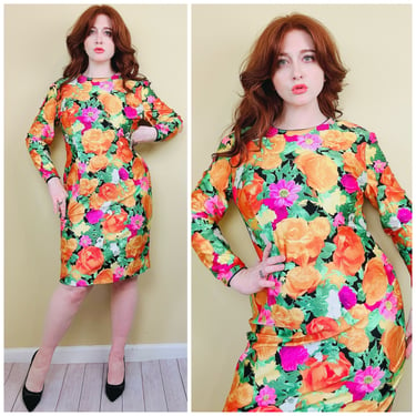 1980s Vintage Gemma Chan Neon Print Mini Dress / 80s / Eighties Floral Spandex Body Con Dress / Size Large - XL 
