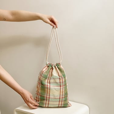Plaid Woven Silk Drawstring Bag