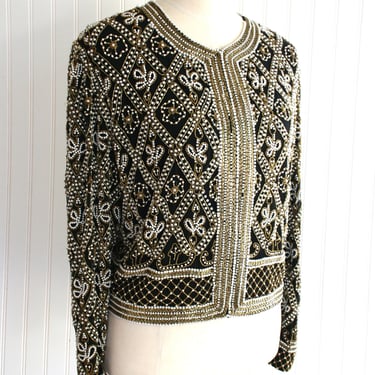 Beaded - Cocktail Jacket - Gold beading and Pearls on black silk - Marked size L 
