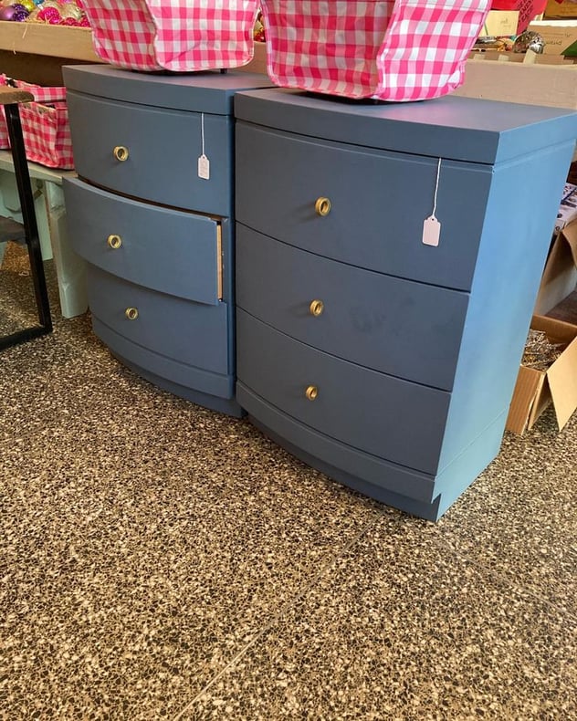 A pair! Blue painted tall nightstands 15” x 20” x 29.5” Call 202-232-8171 to purchase