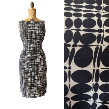 Trina turk 1990s 2 piece skirt and top set, y2k fashion, black and white graphic print polka dot, vintage sheath, size small 