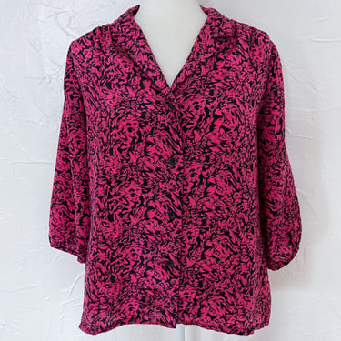 80s Magenta and Black Abstract Floral Balloon Sleeve Blouse | Large 