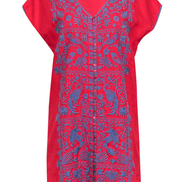 Johnny Was - Bright Red Tunic-Style Linen Dress w/ Blue Floral Embroidery Sz S