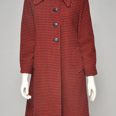 Vintage 1940s red & black check wool coat w/ collar holiday Christmas 