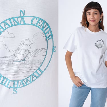 Lahaina Center Shirt 90s Hawaii T-Shirt Wooden Ship Boat Compass Graphic Tee Hawaiian Tourist Souvenir Single Stitch Vintage 1990s Medium M 
